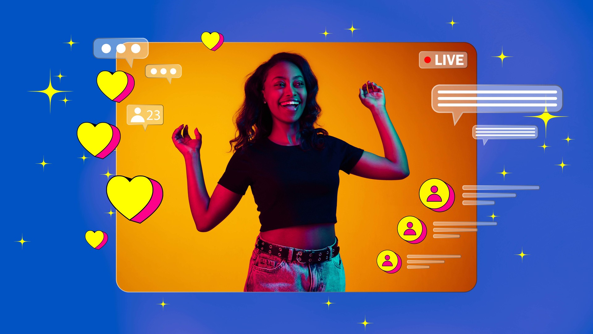 Happy smiling African girl leading live stream on social media app, interacting with followers. Blogger podcast. Creative bright design.