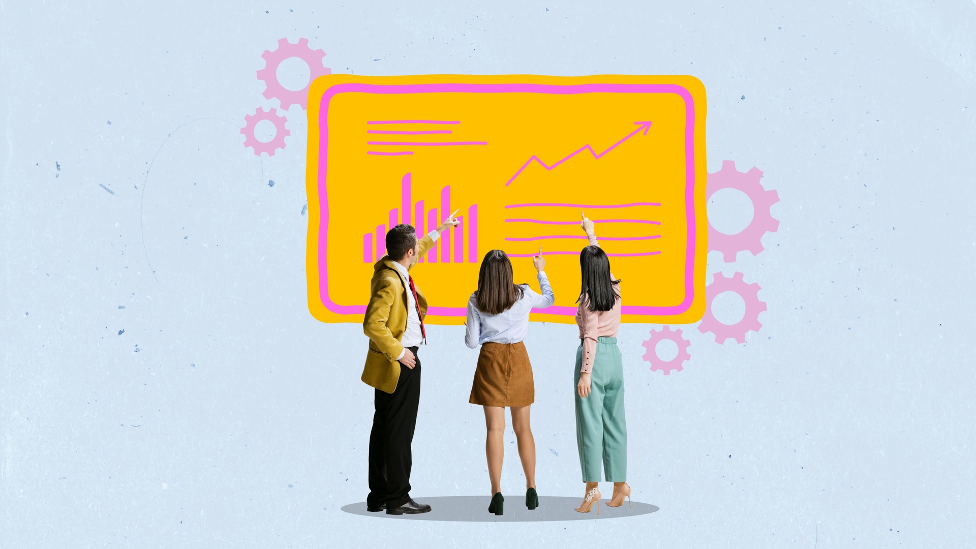 Employees, office managers looking on screen with graphs and company analytics. Innovative approach. Contemporary art collage.